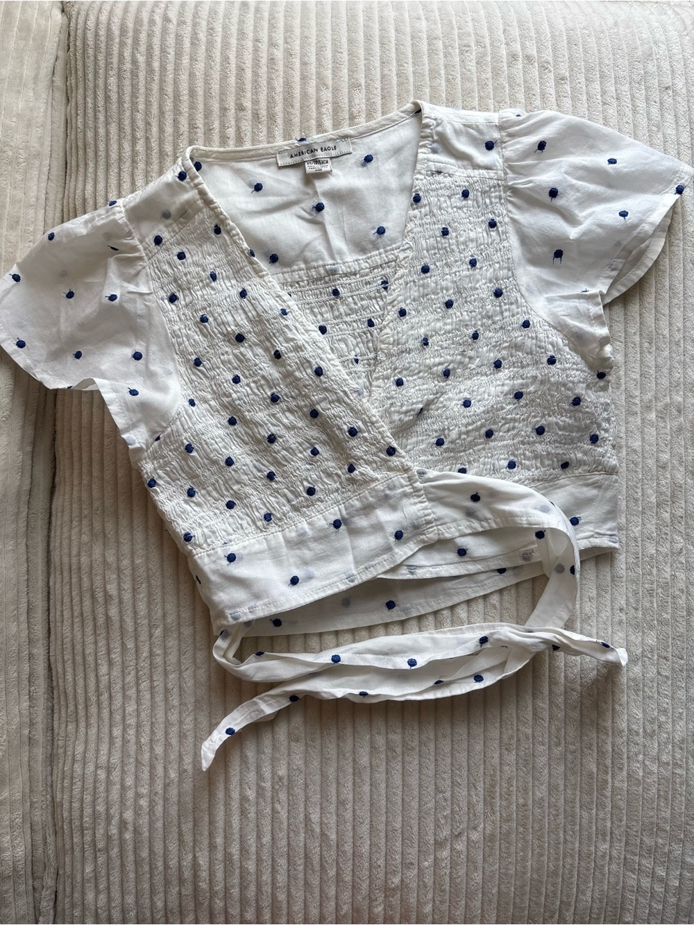 American Eagle White Wrap Crop Top with Blue Polka Dots